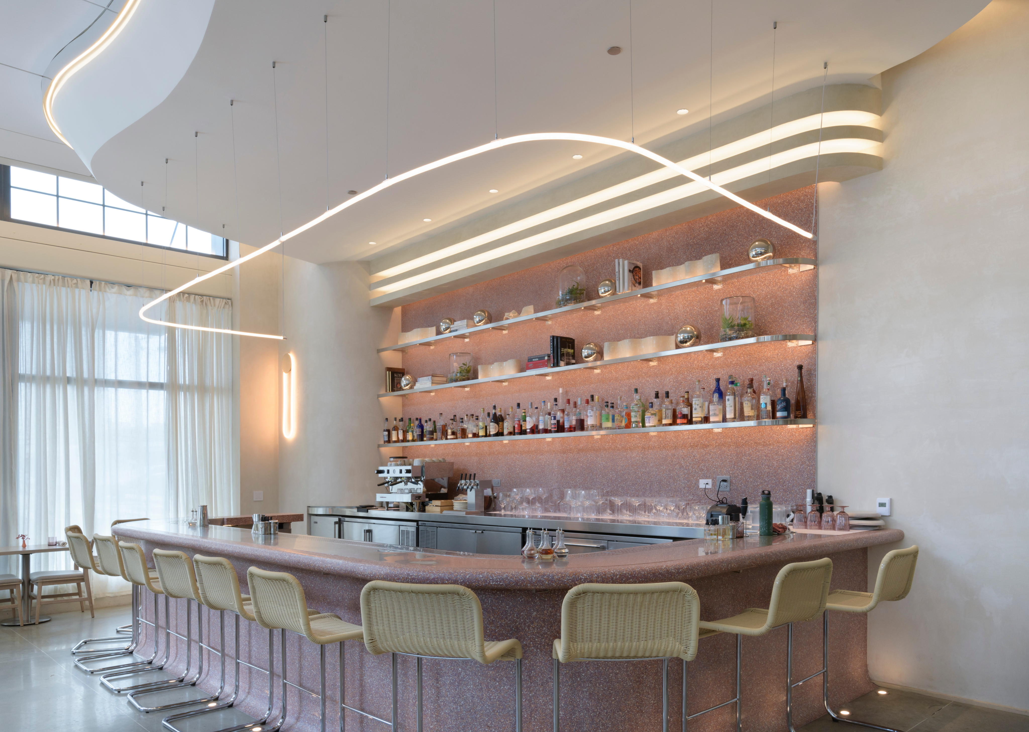 Restaurant interior with automated lighting and AV